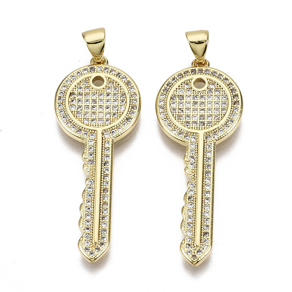 

PandaHall Brass Micro Pave Clear Cubic Zirconia Pendants, with Brass Snap on Bails, Nickel Free, Key, Real 16K Gold Plated, 37x14x2mm, Hole...
