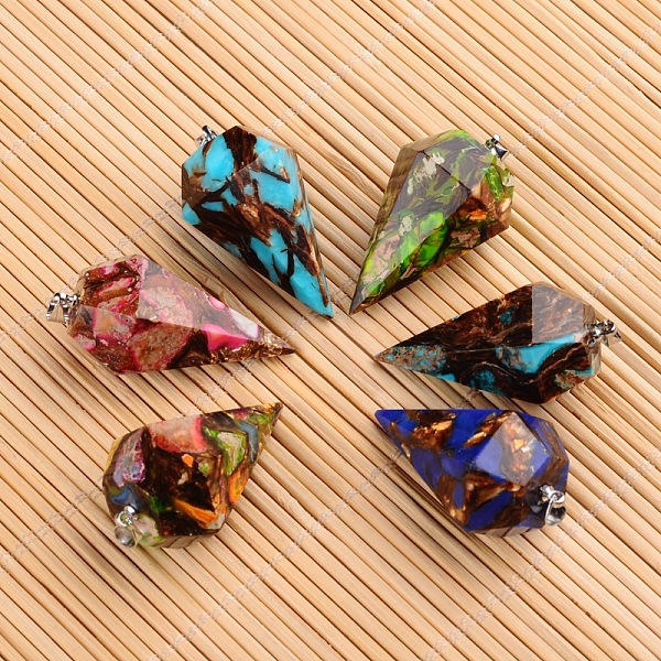 

PandaHall Assembled Dyed Synthetic Imperial Jasper and Bronzite Point Pendulum Pendants, with Brass Findings, Faceted, Platinum, Mixed Color..., Multicolor