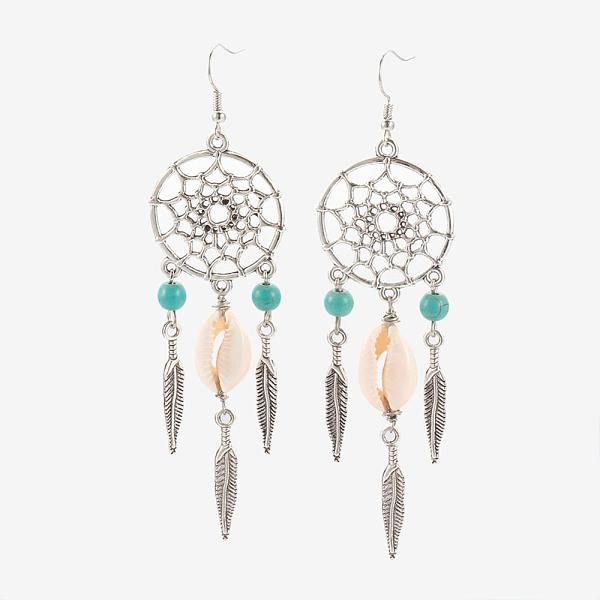 

PandaHall Cowrie Shell Dangle Earrings, with Synthetic Turquoise Beads, Tibetan Style Alloy Findings, Brass Earring Hooks, Turquoise..., Green