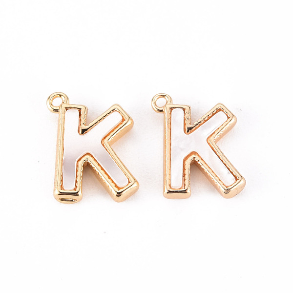 

PandaHall Brass Charms, with Shell, Real 18K Gold Plated, Nickel Free, Letter.K, 10x9x2mm, Hole: 0.9mm White Shell Letter K