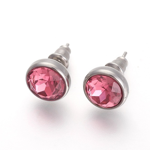 PandaHall 304 Stainless Steel Stud Earrings, with Rhinestone, Flat Round, Rose, 10x6mm, Pin: 0.9mm Rhinestone Pink