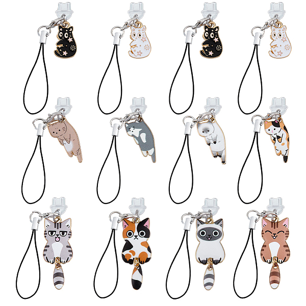 12 pz. cinturini per cellulare in lega smaltata a forma di gatto-image-HJEW-OC00123-it