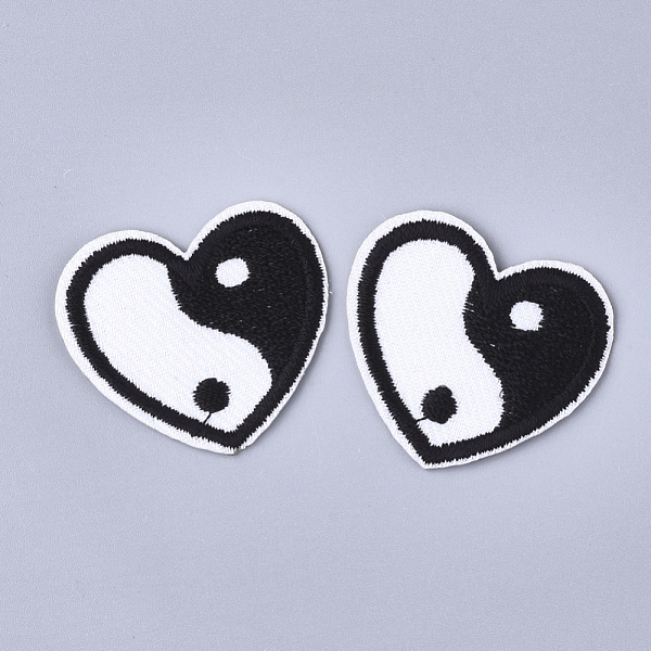 PandaHall Feng Shui Computerized Embroidery Cloth Iron On Patches, Costume Accessories, Appliques, Heart with Yin Yang, Black & White...