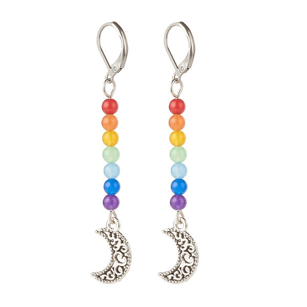 PandaHall Natural Malaysia Jade with Alloy Moon Long Dangle Leverback Earrings, 7 Chakra Gemstone Jewelry for Women, Antique Silver, 67.5mm...