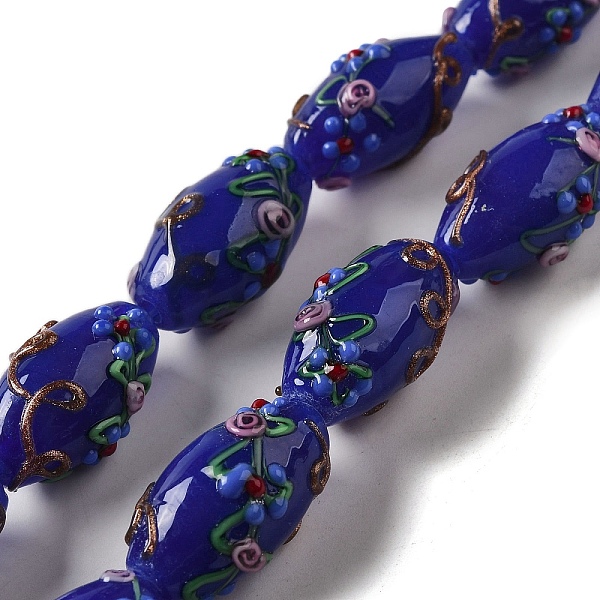 

PandaHall Handmade Lampwork Beads, Rice wit Flower, Blue, 23x12~13mm, Hole: 1.6mm Lampwork Barrel Blue