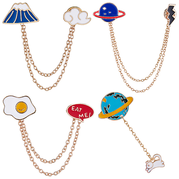 

PandaHall Gorgecraft 4Pcs 4 Style Planet & Egg & Mountain & Rabbit Hanging Chain Brooches, Light Gold Alloy Badge for Suit Shirt Collar..., Multicolor