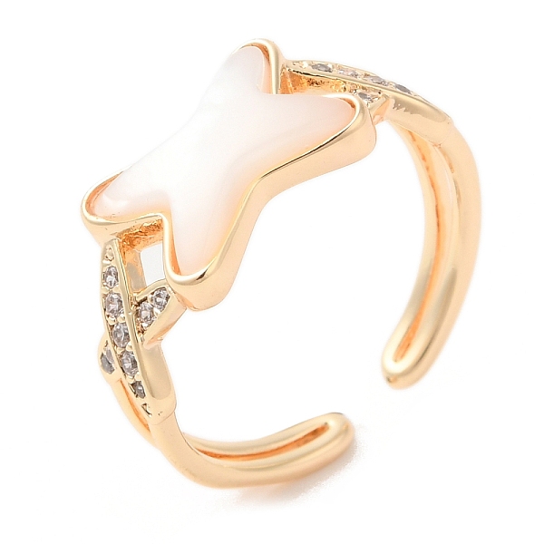 

PandaHall Natural Shell Criss Cross Open Cuff Ring with Cubic Zirconia, Brass Ring for Women, Real 18K Gold Plated, Inner Diameter: 16.8mm..., Clear