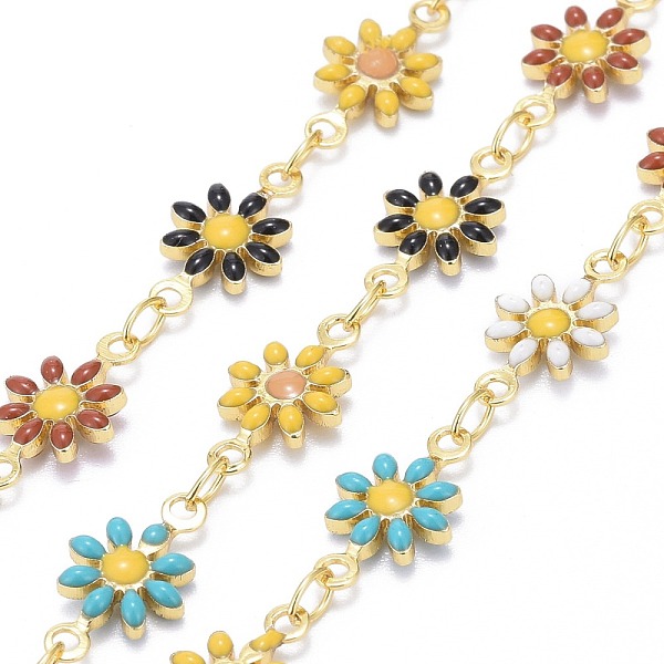 

PandaHall Handmade Brass Enamel Link Chains, with Spool, Soldered, Long-Lasting Plated, Golden, Daisy, Colorful, 12.5x7.5x2mm, about 32.8...