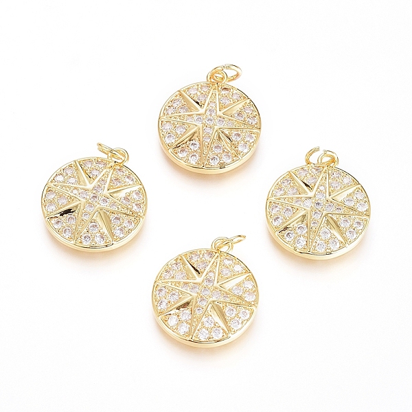 

PandaHall Brass Micro Pave Cubic Zirconia Pendants, with Jump Ring, Long-Lasting Plated, Flat Round with Star, Clear, Real 18K Gold Plated...