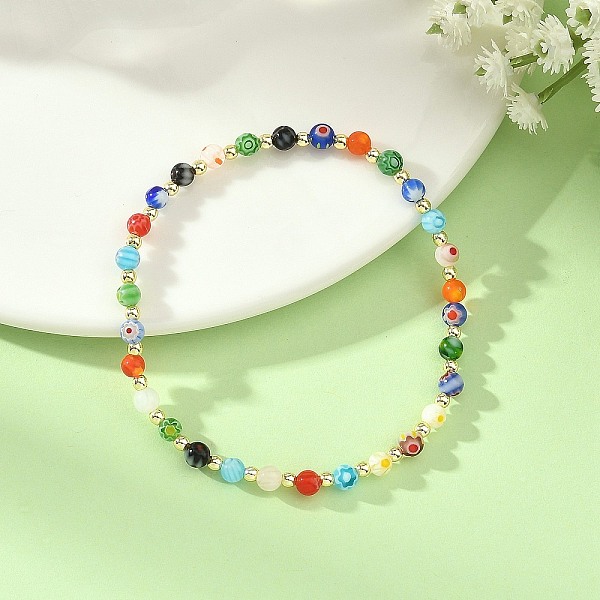 Bracciale elasticizzato da donna con perle rotonde in vetro Millefiori lavorate a mano