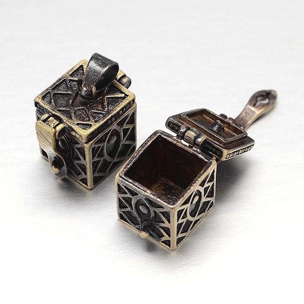 

PandaHall Carved Cuboid Rack Plating Brass Prayer Box Pendants, Wish Box, Nickel Free, Antique Bronze, 17x11x17mm, Hole: 5x3mm Brass Cuboid