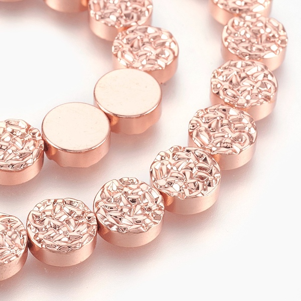 

PandaHall Electroplated Non-magnetic Synthetic Hematite Beads Strands, Textured Flat Round, Rose Gold Plated, 10x4mm, Hole: 1mm, about...