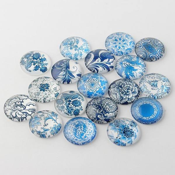 Bleu Et Blanc Imprimé Floral Cabochons De Verre