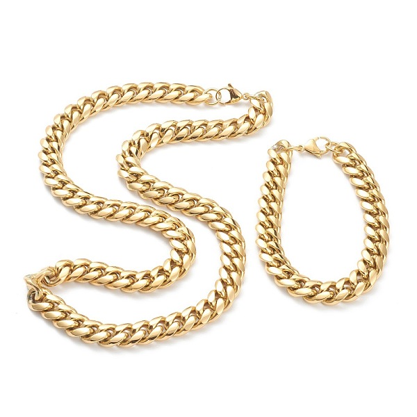 

PandaHall Ion Plating(IP) 304 Stainless Steel Cuban Link Chain Bracelets & Necklaces Jewelry Sets, with Lobster Claw Clasps, Golden, 23.81...