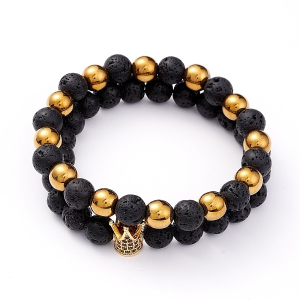 

PandaHall Natural Lava Rock & Non-magnetic Synthetic Hematite Round Beads Energy Power Stretch Bracelets Sett, Crown Brass Cubic Zirconia...