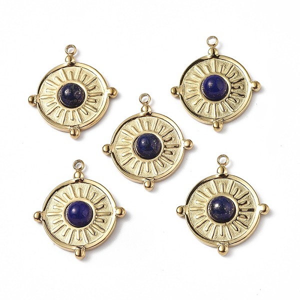 

PandaHall Vacuum Plating 201 Stainless Steel Natural Lapis Lazuli Pendants, Real 18K Gold Plated, Flat Round Charms, 20.5x18x4mm, Hole...