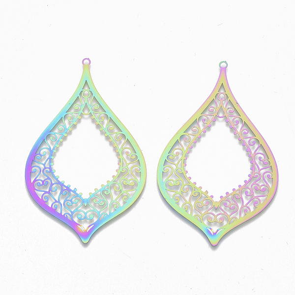 

PandaHall Ion Plating(IP) 201 Stainless Steel Filigree Big Pendants, Etched Metal Embellishments, Teardrop, Rainbow Color, 74x44.5x0.3mm...