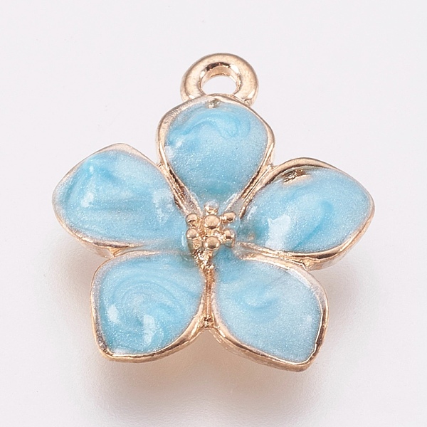 

PandaHall Zinc Alloy Enamel Pendants, Flower, Golden, Light Sky Blue, 16.5x14.5x2.5~3mm, Hole: 1.5mm Alloy+Enamel Flower Blue