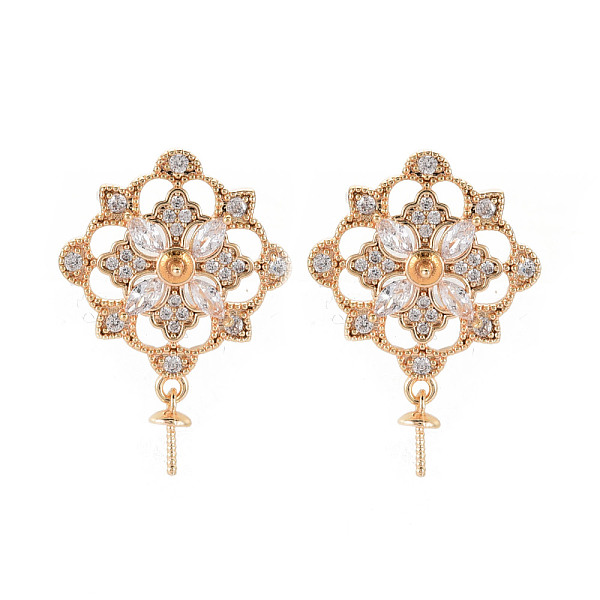 

PandaHall Brass Micro Pave Clear Cubic Zirconia Stud Earring Findings, for Half Drilled Beads, Nickel Free, Rhombus, Real 18K Gold Plated...
