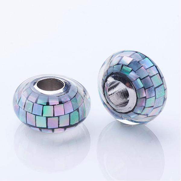 

PandaHall Shell European Beads, with Brass Cores, Rondelle, Large Hole Beads, Platinum, Prussian Blue, 13~14x7.5mm, Hole: 4.5mm Shell+Brass...