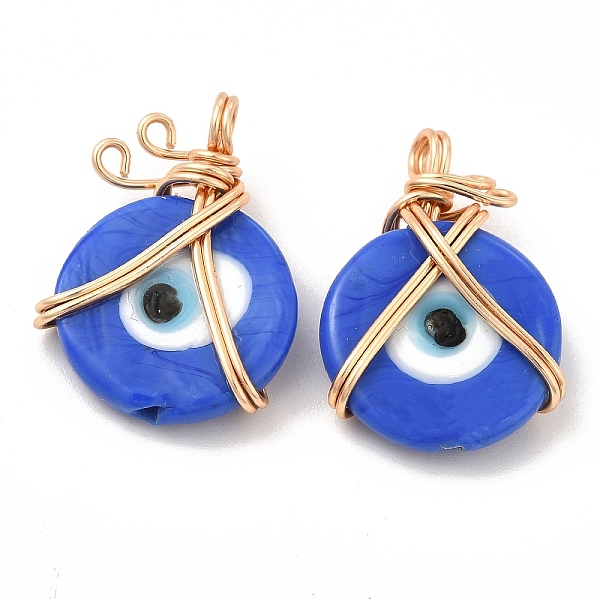 

PandaHall Wire Wrapped Handmade Lampwork Pendants, with Copper Findings, Real 18K Gold Plated, Long-Lasting Plated, Flat Round with Evil Eye..., Blue