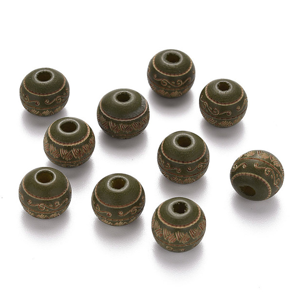 

PandaHall Painted Natural Wood Beads, Laser Engraved Pattern, Round with Leave Pattern, Olive, 10x9mm, Hole: 2.5mm Schima Wood Round Green
