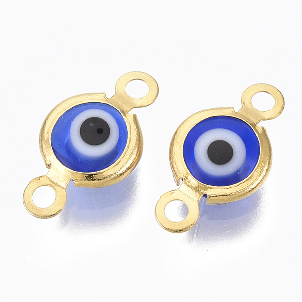 

PandaHall Handmade Evil Eye Lampwork Links connectors, with 304 Stainless Steel Findings, Flat Round, Golden, Blue, 12.5x7x2.5mm, Hole...