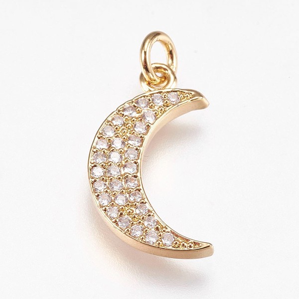 

PandaHall Brass Micro Pave Cubic Zirconia Pendants, Moon, Golden, 19x11x2mm, Hole: 2.5mm Brass+Cubic Zirconia Moon Clear
