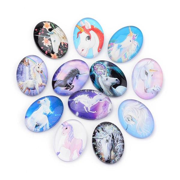 PandaHall Flatback Glass Cabochons, for DIY Projects, Unicorn Pattern, Oval, Mixed Color, 25x18x5.5mm Glass Oval Multicolor