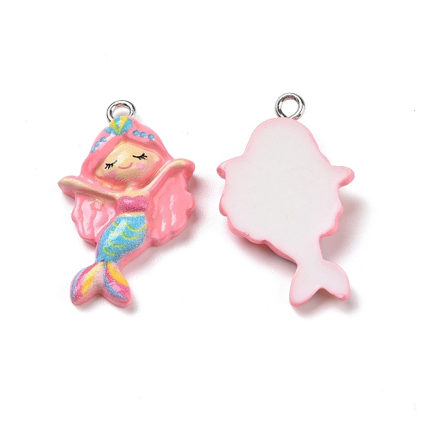 PandaHall Opaque Resin Pendants, with Platinum Tone Iron Loops, Mermaid Charm, Pink, 28x17.5x7mm, Hole: 2mm Iron+Resin Human Pink