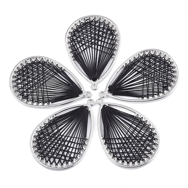PandaHall Alloy Pendants, with Polyester Thread, Teardrop, Platinum, Black, 46~47x31x2mm, Hole: 2mm Polyester Teardrop Black