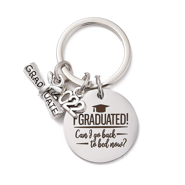 

PandaHall Graduation Theme 201 Stainless Steel Keychain Clasps, Flat Round with 2022 & Diploma, Word, 52mm Stainless Steel Word