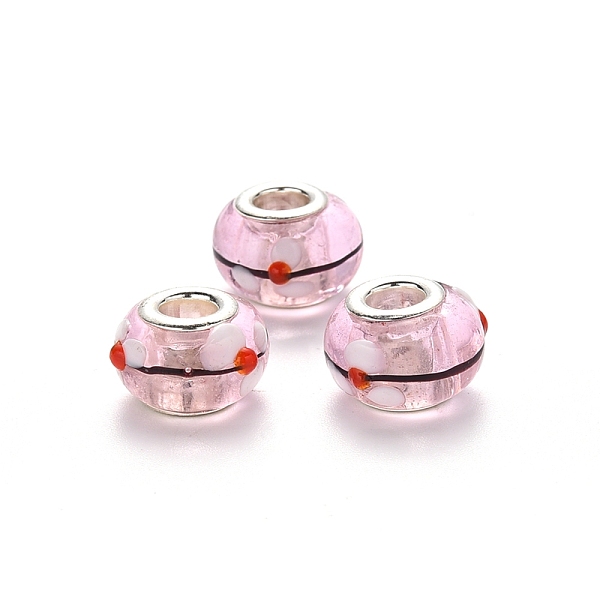 

PandaHall Handmade Lampwork European Beads, Large Hole Beads, Bumpy Lampwork, with Platinum Tone Brass Double Cores, Rondelle with Flower...