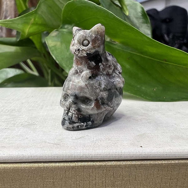 Natural Syenite Carved Skull With Cat Figurines