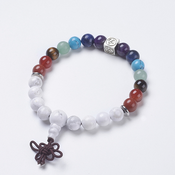 

PandaHall Chakra Jewelry, Natural Howlite and Mixed Stone Buddha Stretch Bracelets, with Brass Findings, Cube with Om Symbol, 2-1/4 inch...