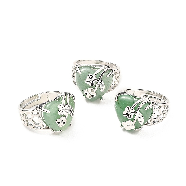 

PandaHall Natural Green Aventurine Adjustable Rings, Platinum Tone Heart with Flower Brass Rings for Women, Cadmium Free & Lead Free, US...