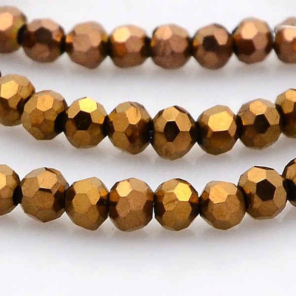 

PandaHall Full Plated Glass Faceted Round Spacer Beads Strands, Copper Plated, 3mm, Hole: 1mm, about 100pcs/strand, 11.5 inch Glass Round