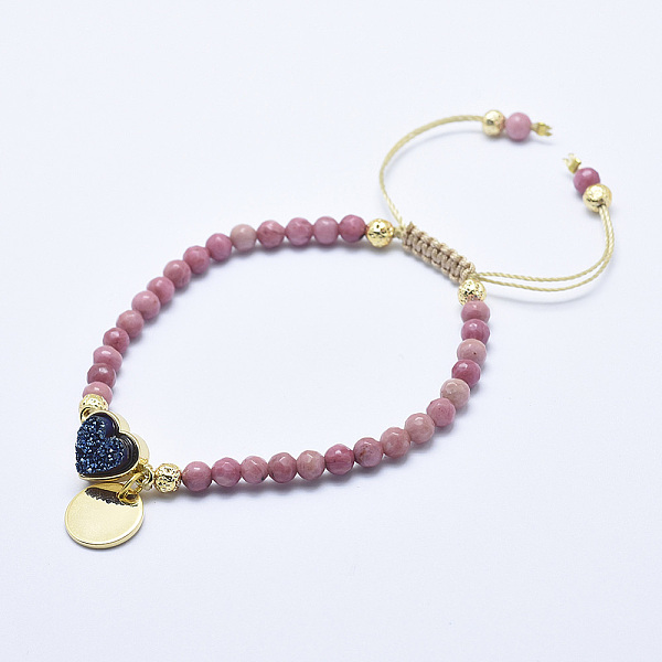 

PandaHall Natural Rhodochrosite Braided Bead Bracelets, with Electroplated Natural Lava Rock Beads, Druzy Crystal, Nylon Cord and Brass...