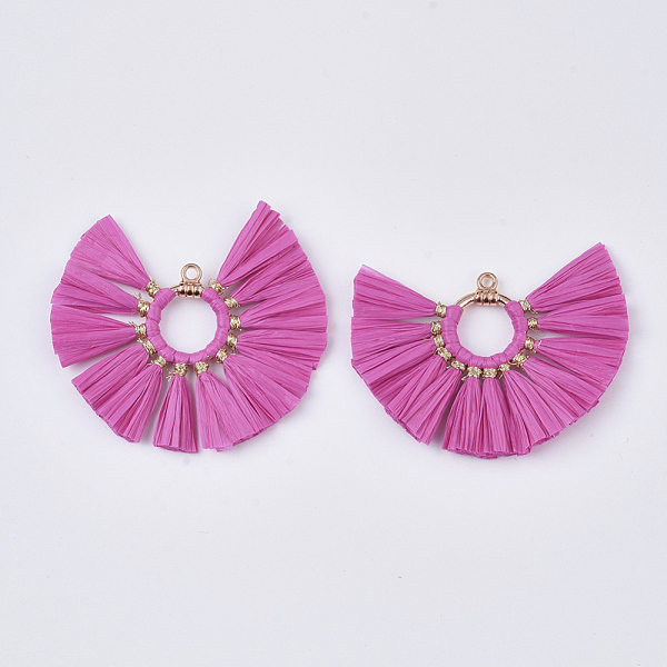 

PandaHall Natural Raffia Tassel Pendants, with Alloy Ring Findings, Fan-shaped, Light Gold, Magenta, 50~53x54~56x3mm, Hole: 2mm Raffia Pink