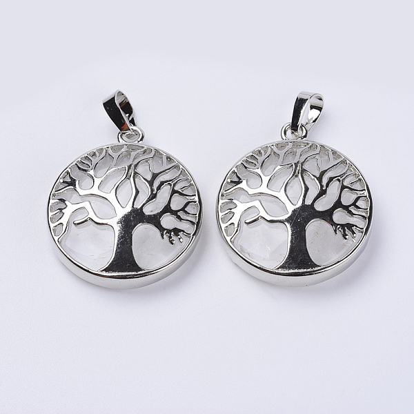 

PandaHall Natural Quartz Crystal Pendants, Rock Crystal Pendants, with Platinum Plated Brass Findings, Flat Round with Tree of Life...