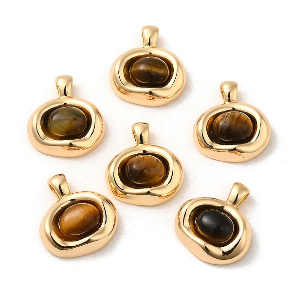 

PandaHall Natural Tiger Eye Pendants, Brass Oval Charms, Real 18K Gold Plated, 21x19x6mm, Hole: 4.5x3mm Tiger Eye Oval