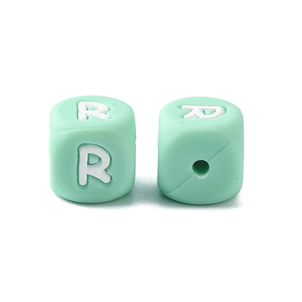 

PandaHall Silicone Beads for Bracelet or Necklace Making, Turquoise Cube with Word, Letter.R, 12x12x12mm, Hole: 3mm Silicone Cube Green