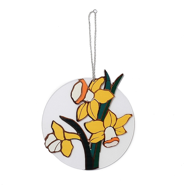 

PandaHall Acrylic Pendant Decorations, Window Hanging Suncatcher, Flat Round with Cymbidium Pattern, Goldenrod, 150x2mm Acrylic Flower Gold