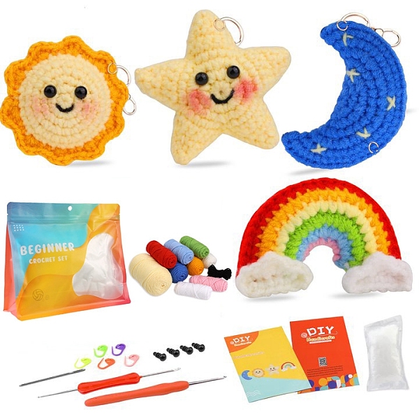 

PandaHall 4 Style Sun Moon Star Rainbow Keychain DIY Knitting Kits for Beginners, including Finer Fill, Crochet Hook, Stitch Marker, Craft..., Multicolor