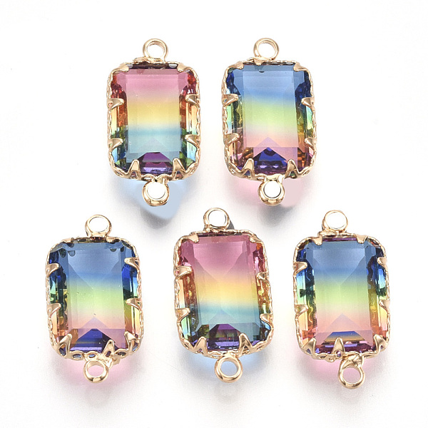 

PandaHall K9 Glass Links connectors, with Golden Tone Brass Findings, Faceted, Rectangle, Colorful, 22x10.5~1x6~6.5mm, Hole: 2mm Glass...