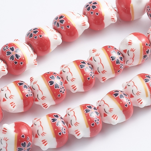 

PandaHall Handmade Printed Porcelain Beads, Lucky Cat, Red, 14x14x11.5mm, Hole: 2mm, about 25pcs/Strand, 12.20''(31cm) Porcelain Cat Shape...