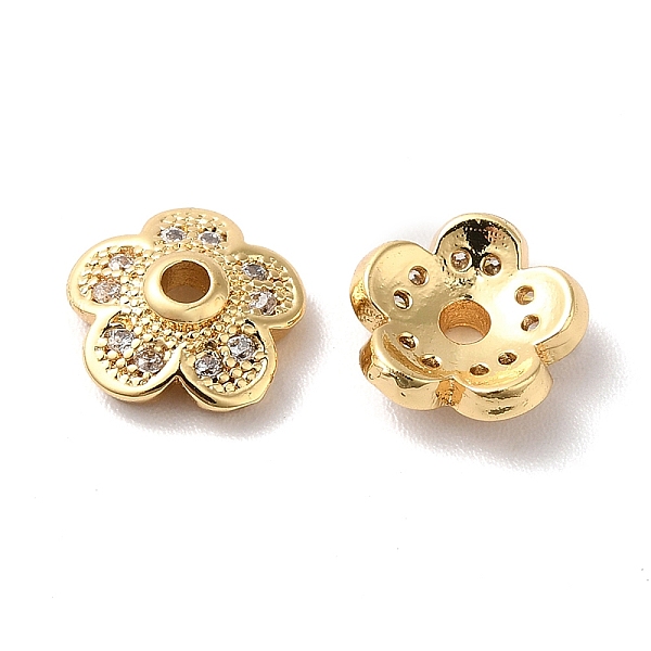 

PandaHall Brass Micro Pave Cubic Zirconia Bead Cap, 5-Petal Flower, Real 18K Gold Plated, 8.5x3mm, Hole: 1.6mm Brass+Cubic Zirconia Clear