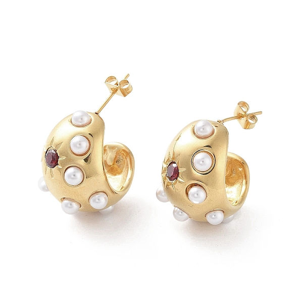 

PandaHall Vacuum Plating 304 Stainless Steel Stud Earrings, Half Hoop Earrings with Plastic Pearl with Cubic Zirconia, Golden, 23.5x15mm...