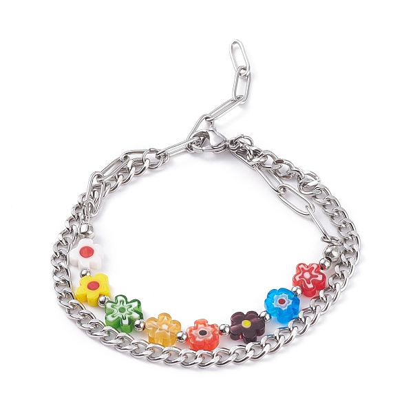 

PandaHall 304 Stainless Steel Chain Bracelets for Women, Handmade Flower Millefiori Glass Bead Multi-strand Bracelets, Colorful, 6-7/8 inch...