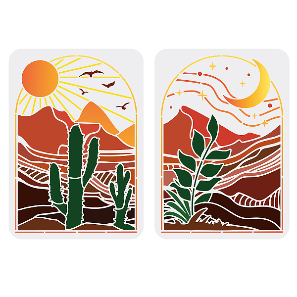 

PandaHall FINGERINSPIRE 2 Pcs Sun and Moon Painting Stencils 11.7x8.3 inch Boho Sunrise Themes Plastic Templates Cactus Leaves Stars Pattern...